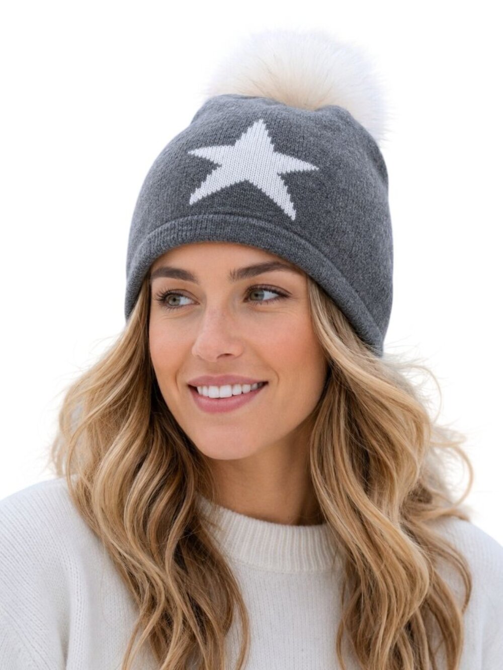 Hannah Rose 100% Cashmere Star Intarsia Hat With Pom Pom Gray Cream One Size